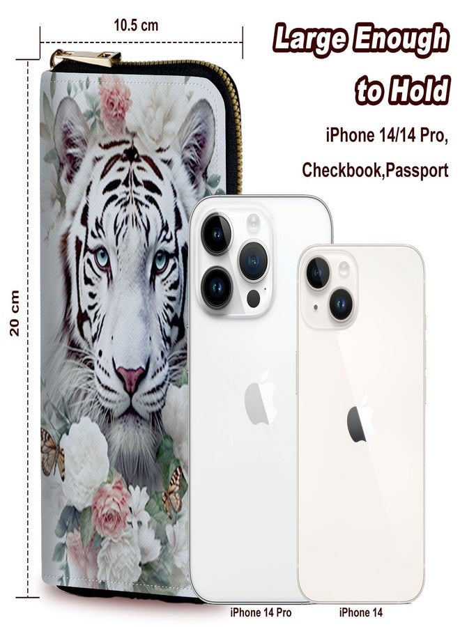 Mxfdegf Wristlet Wallet for Women Teen Girls RFID Blocking Credit Card Holder with Removable Wristlet, Leather Phone Wallet Clutch Large Capacity Ladies Travel Purse-White Tiger/Butterfly - Image 3